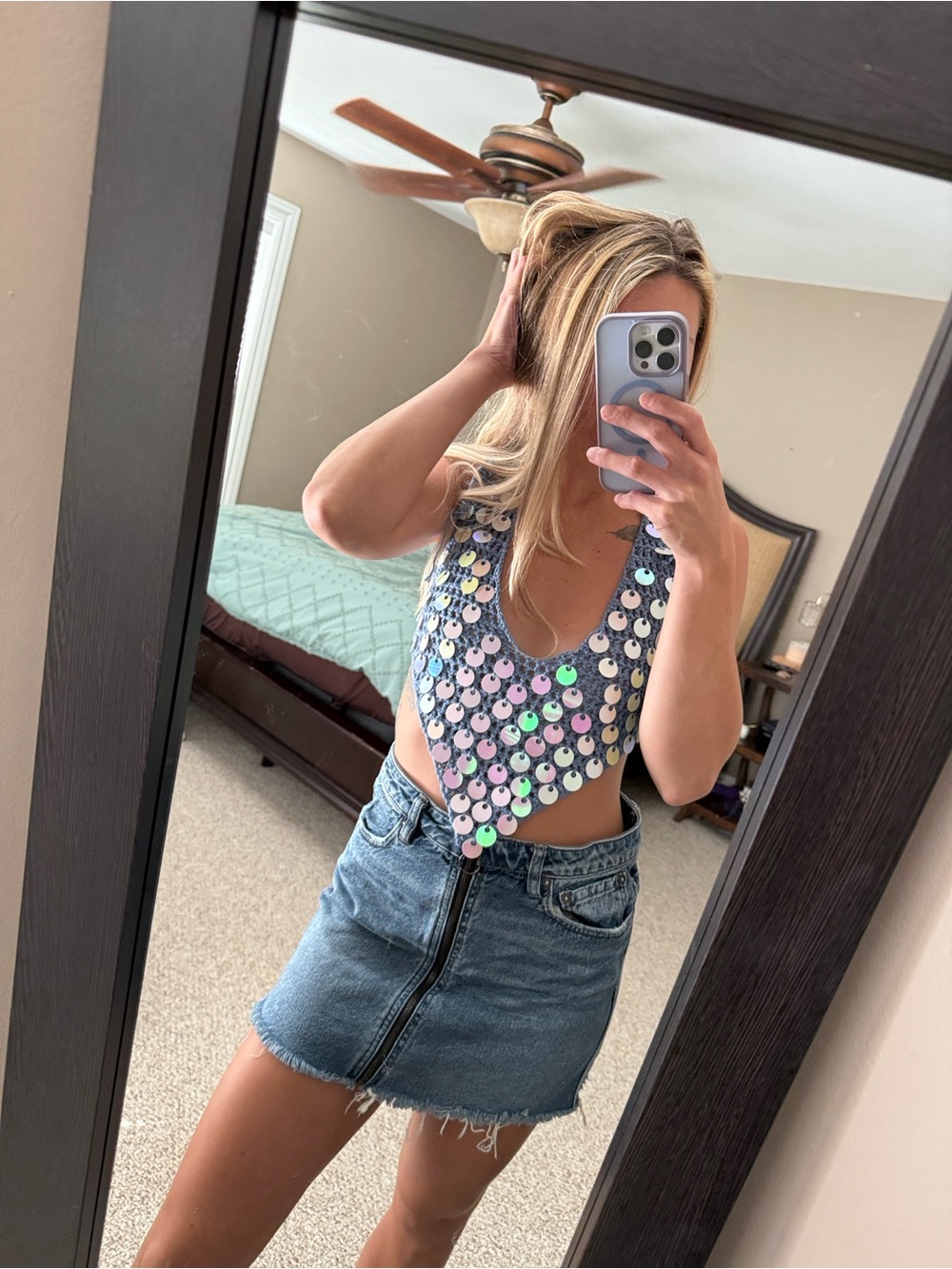 Handmade Blue Iridescent Sequin Crochet Halter Top